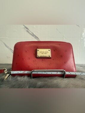 Michael Kors Red Ostrich-Embossed Zip Wallet with Gold Plaque
